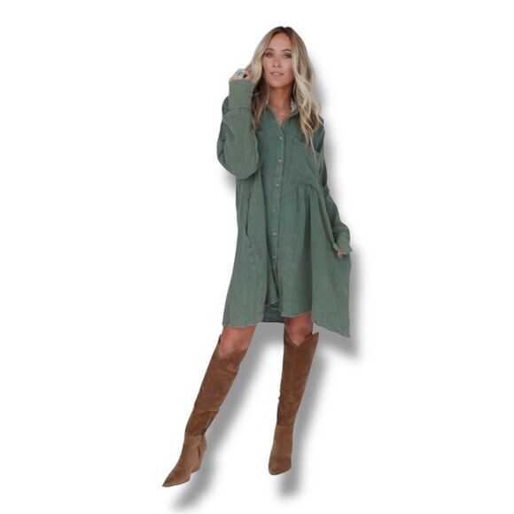 Three Birds Nest Marco Button Down Tunic Oversized Green Distressed Dress Size L - Picture 1 of 6
